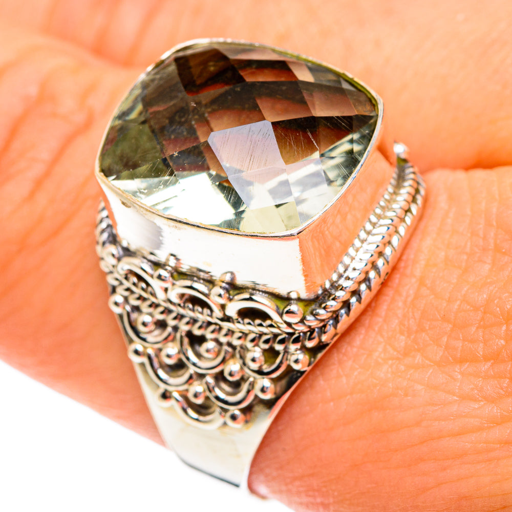 925 sterling silver ring with large faceted green amethyst, ornate filigree sides