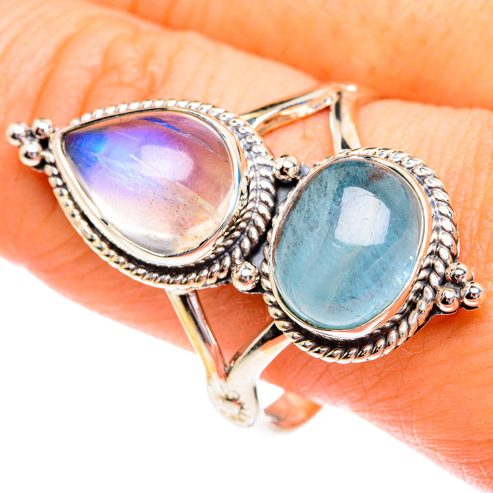 Silver ring with teardrop rainbow moonstone and blue aquamarine gemstones, size 11.75