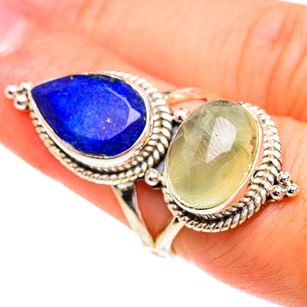 Close-up sterling silver ring with blue lapis teardrop bezel and green prehnite oval