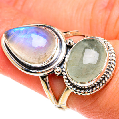 Sterling silver double-stone ring with iridescent moonstone and green gemstone cabochon