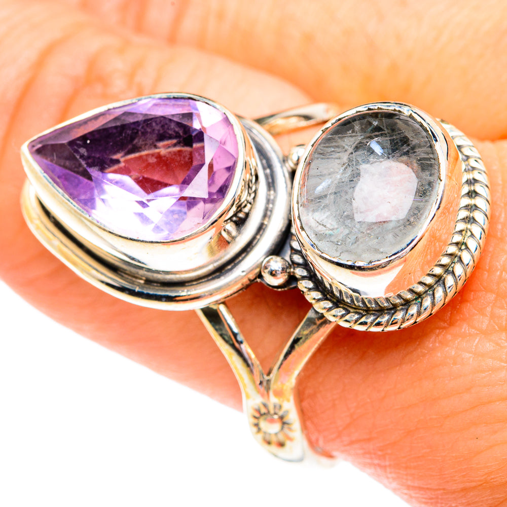 Two-stone sterling silver ring with purple faceted amethyst and blue aquamarine