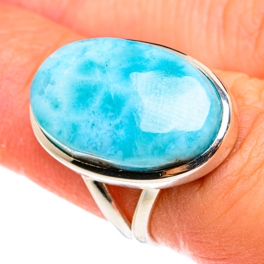 Sterling silver ring with oval turquoise larimar cabochon, high-shine bezel