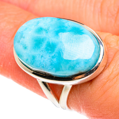 Sterling silver ring with oval turquoise larimar cabochon, high-shine bezel