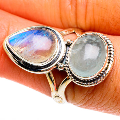 Sterling silver double-stone ring with oval rainbow moonstone and light blue stone