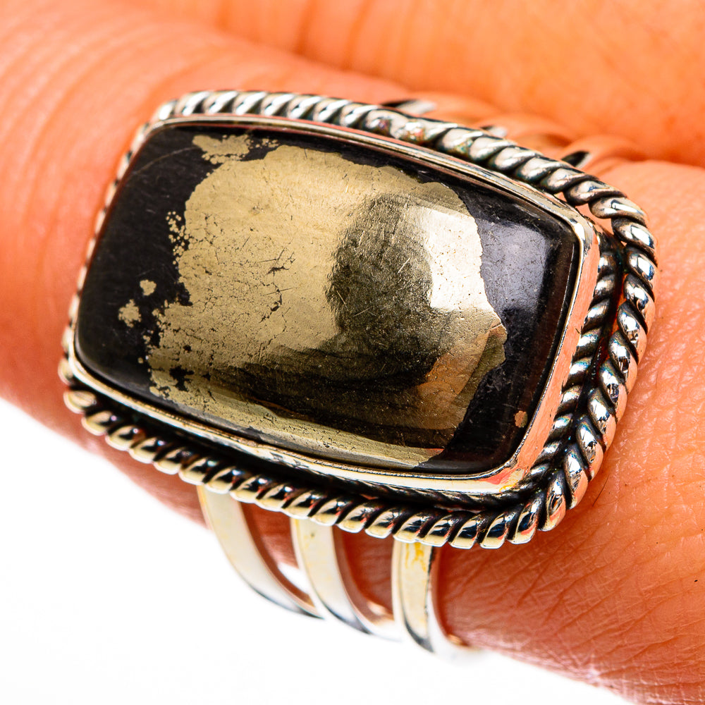 Pyrite In Black Onyx Rings handcrafted by Ana Silver Co - RING78093