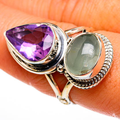 Sterling silver double-stone ring with purple amethyst teardrop and green aquamarine