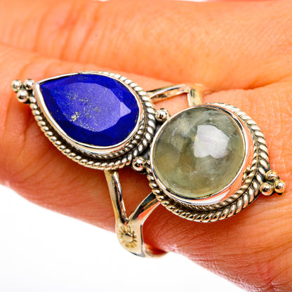Sterling silver ring with blue lapis cabochon and green prehnite cabochon, ornate bezel