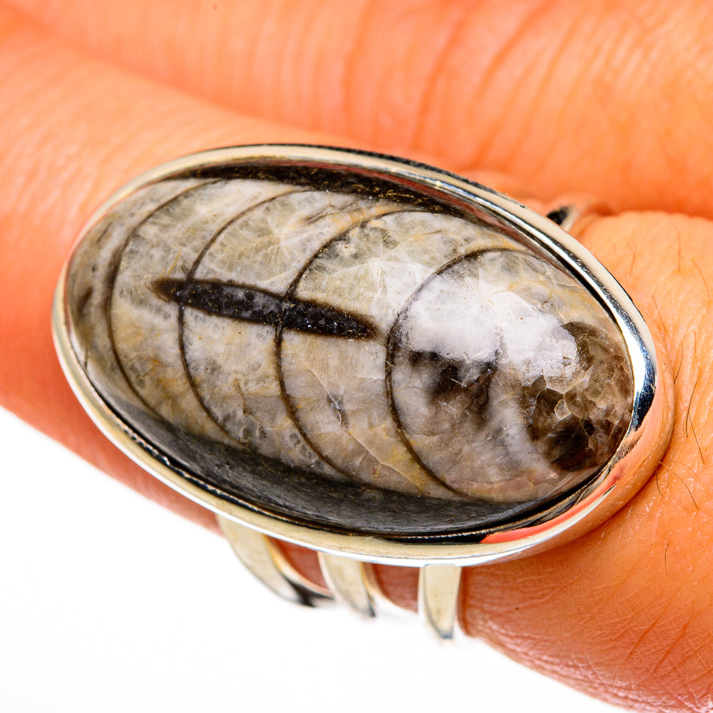 Oval orthoceras fossil ring with gray stone and black lines in sterling silver bezel