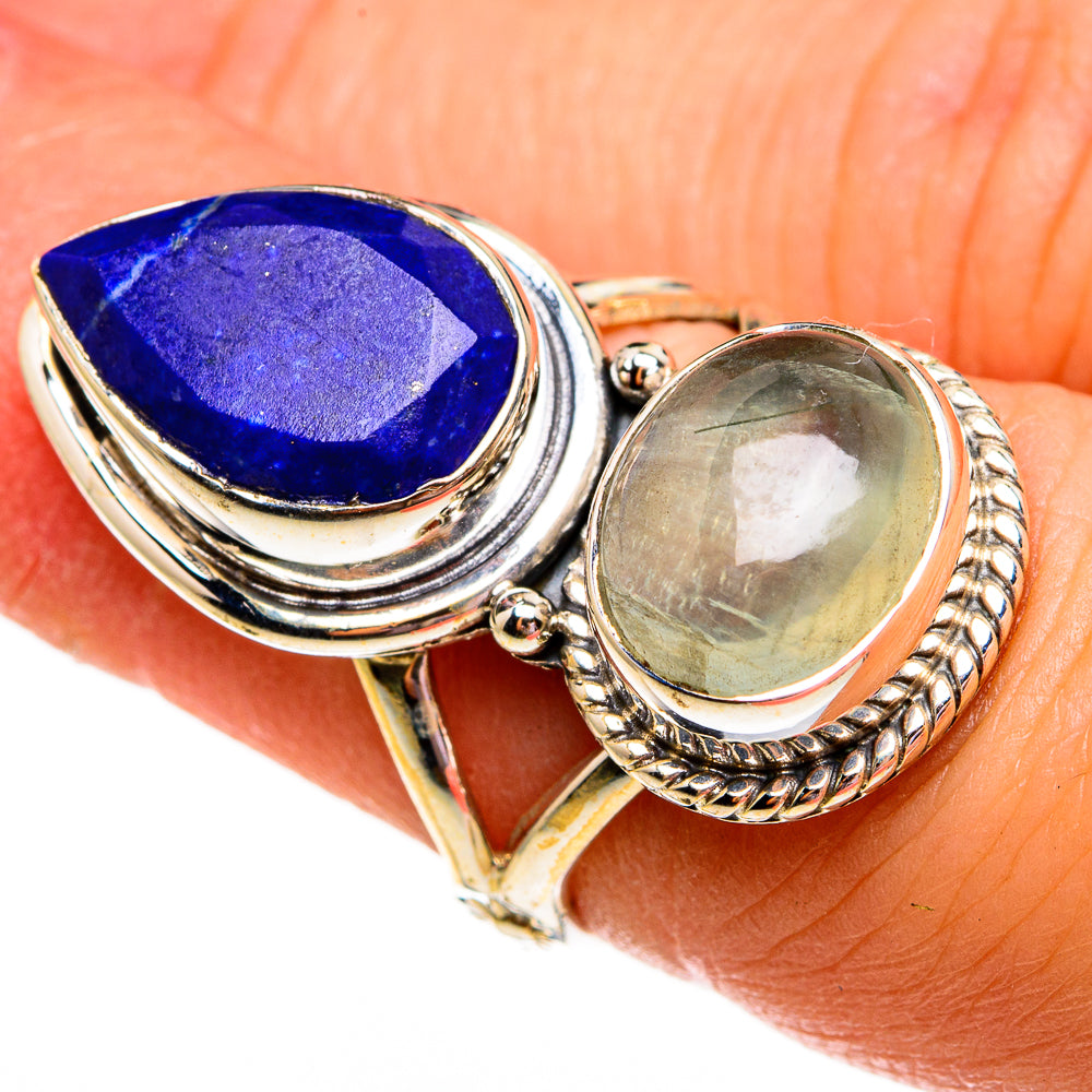 Sterling silver double-stone ring with blue lapis and pale green aquamarine ovals