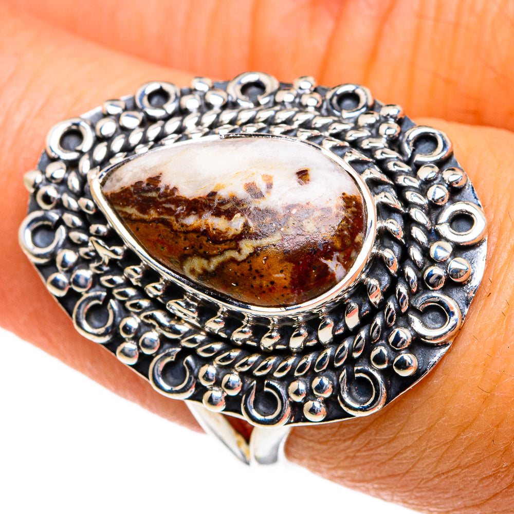 Sterling silver oval jasper ring with ornate beaded halo setting