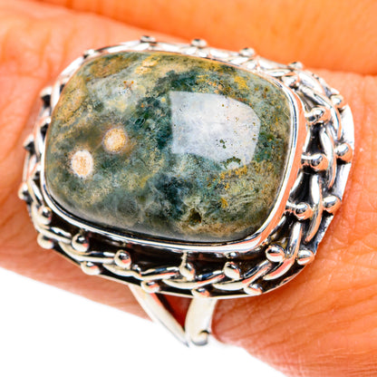Sterling silver ring with large oval ocean jasper, twisted rope frame detail