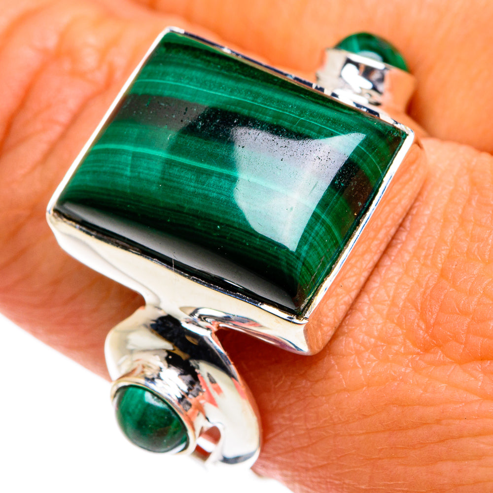 Sterling silver malachite ring with square green cabochon gemstone, prong-set