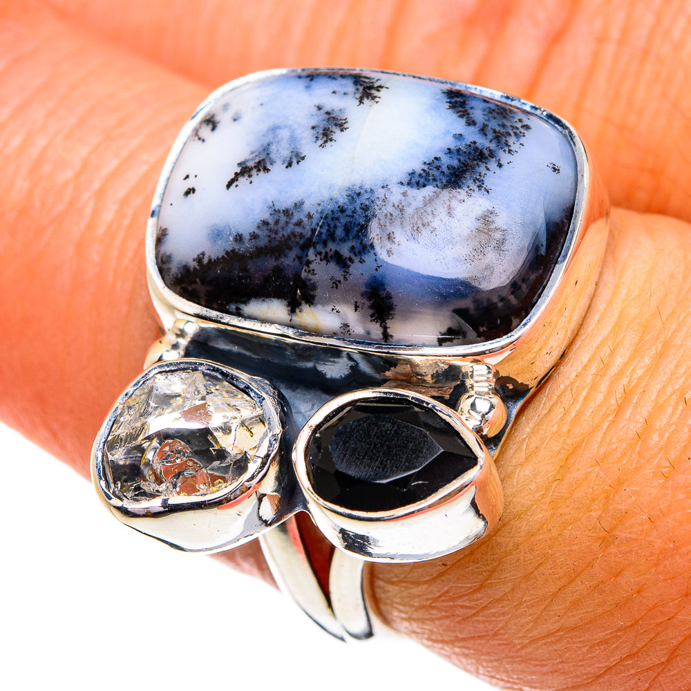 Dendritic opal and gemstone ring with oval white-blue cabochon and dark onyx side stones