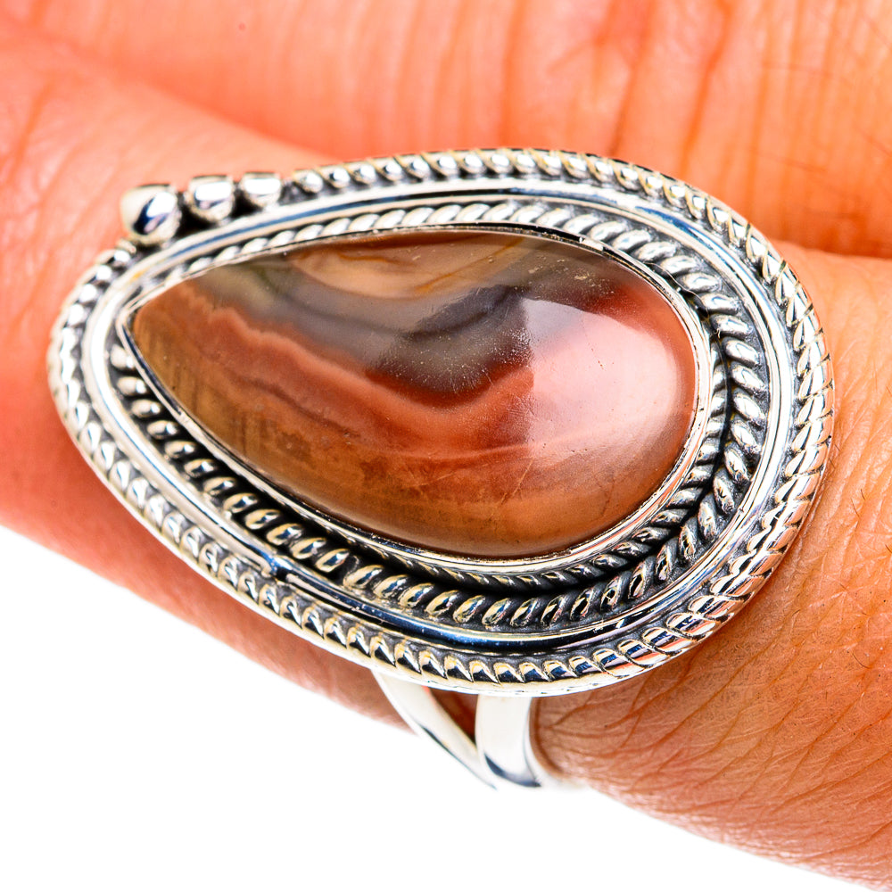 Oval imperial jasper ring with braided 925 sterling silver bezel, dark brown stone