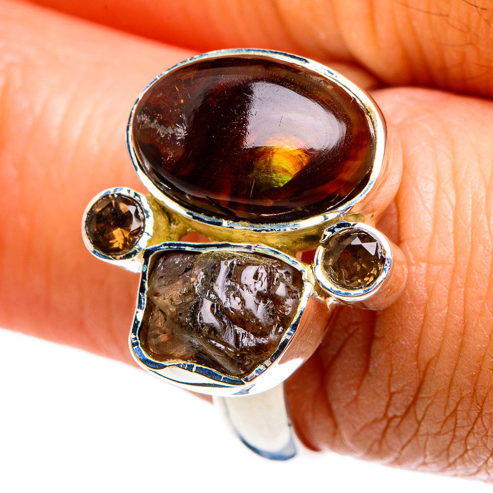 Sterling silver ring with oval fire agate, rough smoky quartz, and two round accents