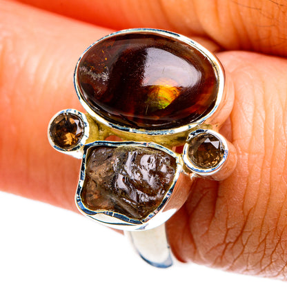 Sterling silver ring with oval fire agate, rough smoky quartz, and two round accents