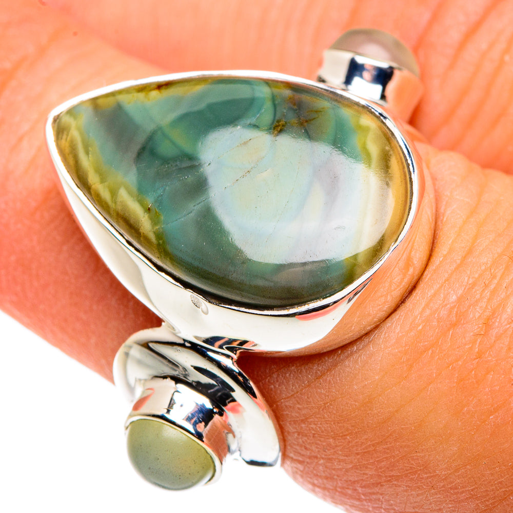 Teardrop ring in sterling silver with green marbled prehnite jasper bezel setting