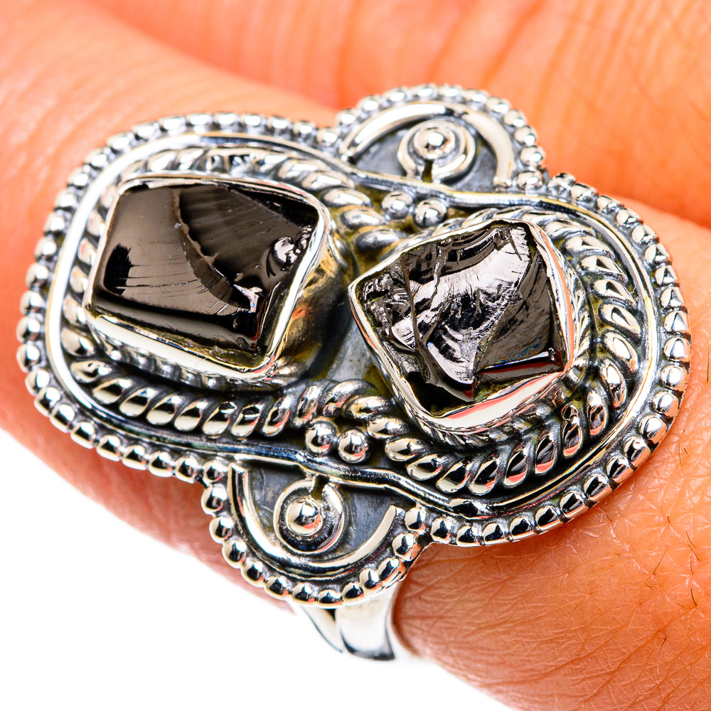 Rough shungite ring with ornate silver bezel and dark faceted stone, size 8