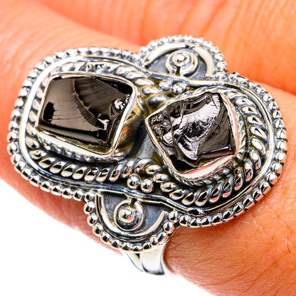 Rough shungite ring with ornate silver bezel and dark faceted stone, size 8