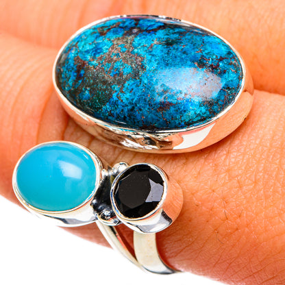 Oval turquoise statement ring with round blue stone and black onyx, silver band
