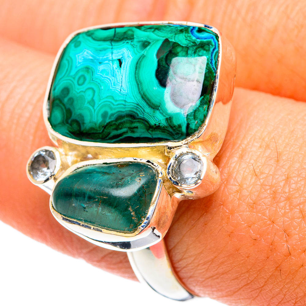 Sterling silver ring featuring teal rectangular stones with three clear round gemstones