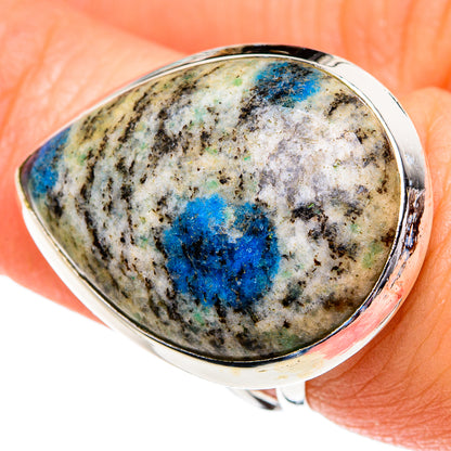 Oval azurite stone ring in 925 sterling silver, blue and green veined bezel