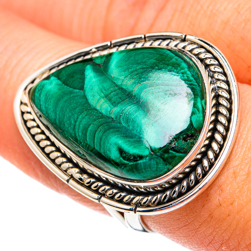 Large malachite ring with oval green stone in ornate 925 sterling silver setting