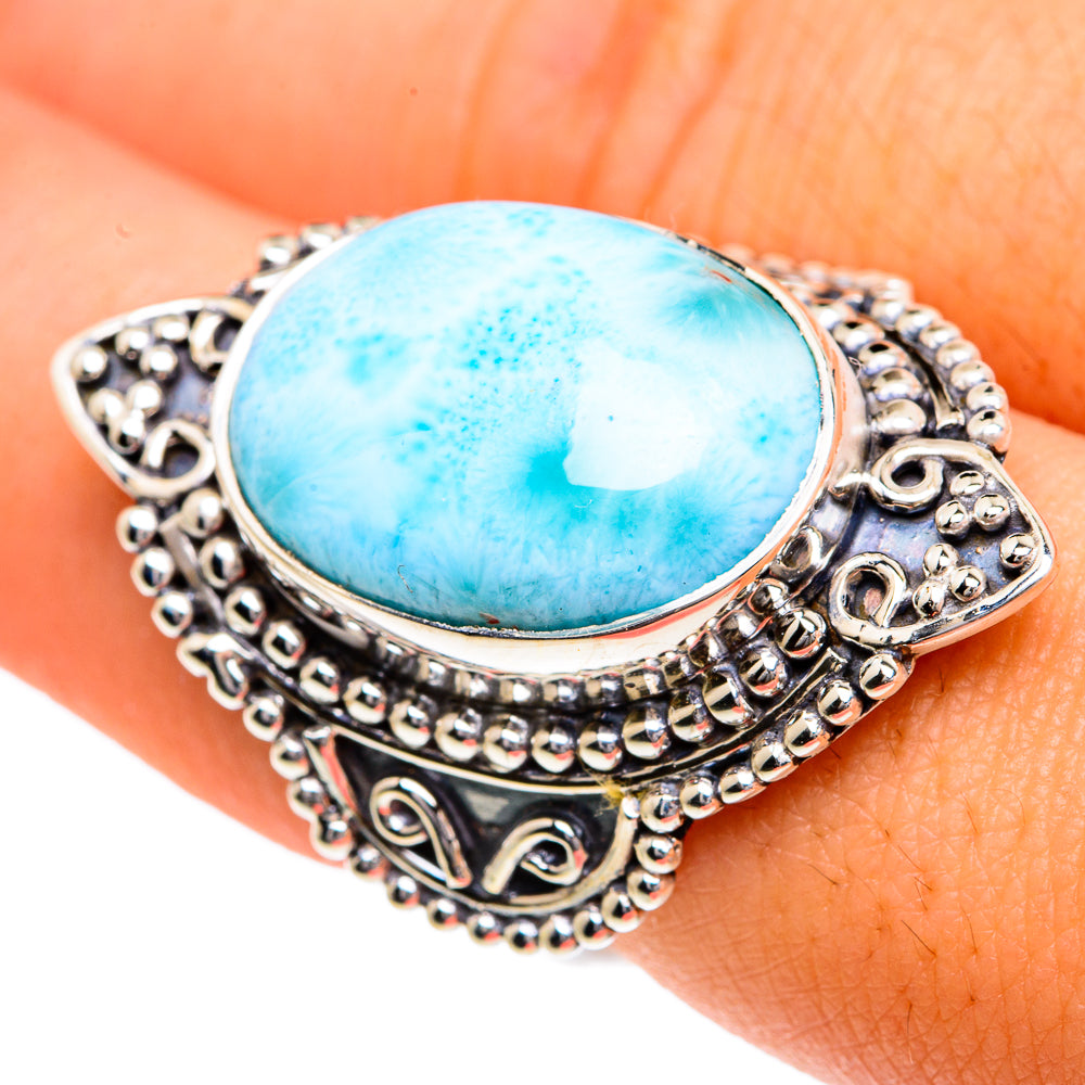 Larimar gemstone ring with oval blue stone and ornate sterling-silver filigree, size 7.25.