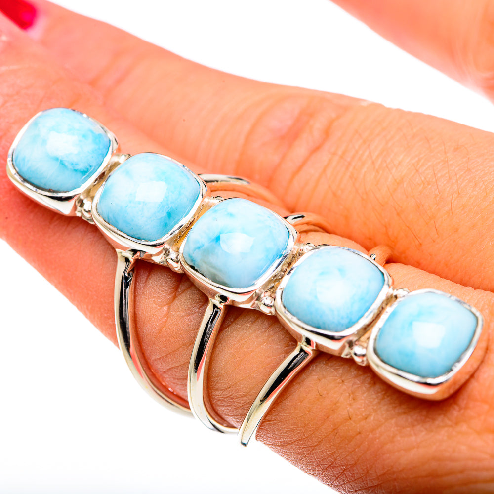 Larimar gemstone ring with five oval blue stones in sterling silver, open band