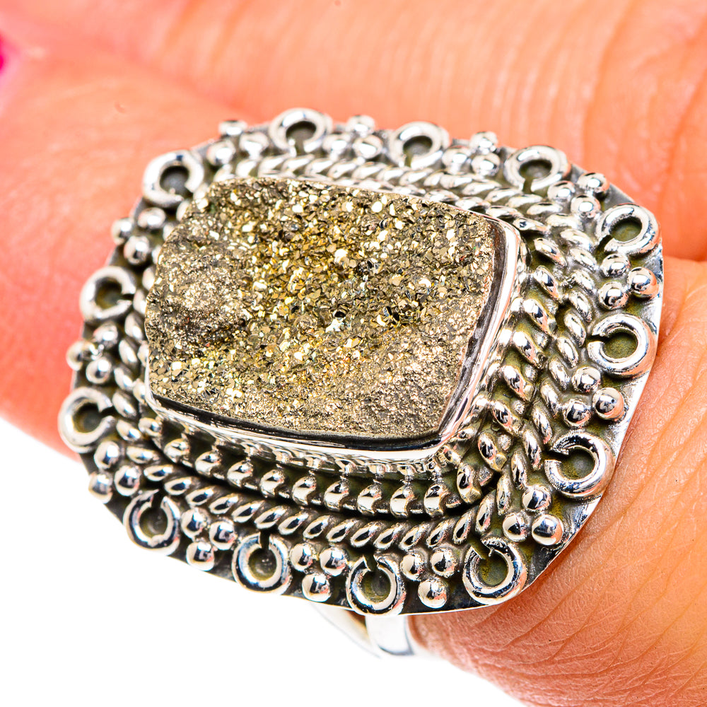 Sterling silver drusy ring with rectangular gold-speckled pyrite center