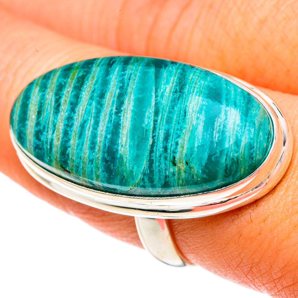 Large oval amazonite ring with teal striped stone and silver bezel