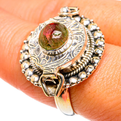Sterling silver gemstone ring on bead border with round green-red cabochon and engraving