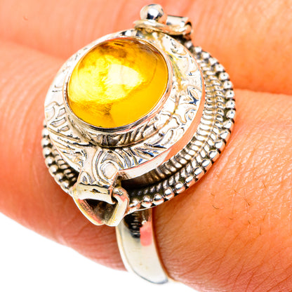 925 sterling silver poison ring with round yellow citrine gemstone and ornate bezel