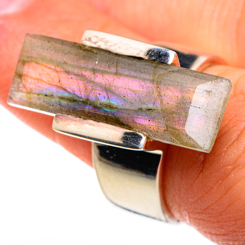 Sterling silver labradorite ring with rectangular bezel and iridescent blue-gold shimmer