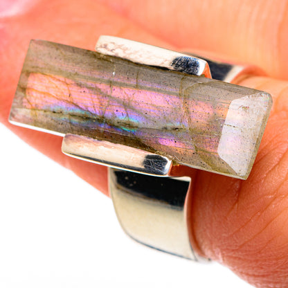 Sterling silver labradorite ring with rectangular bezel and iridescent blue-gold shimmer