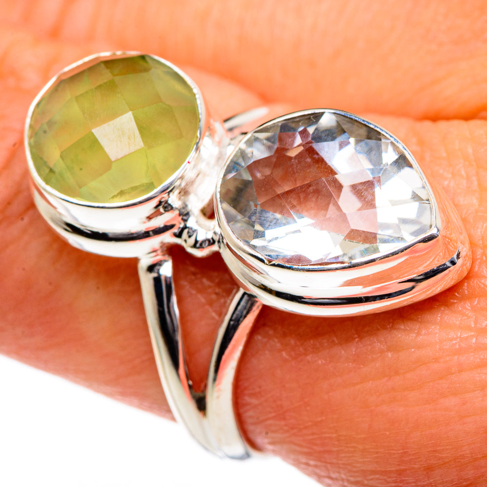 Sterling silver ring with oval green and clear gemstones, two-stone open setting