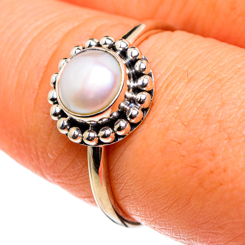 Cultured pearl ring, round white pearl on 925 sterling silver with bead halo, size 8.25