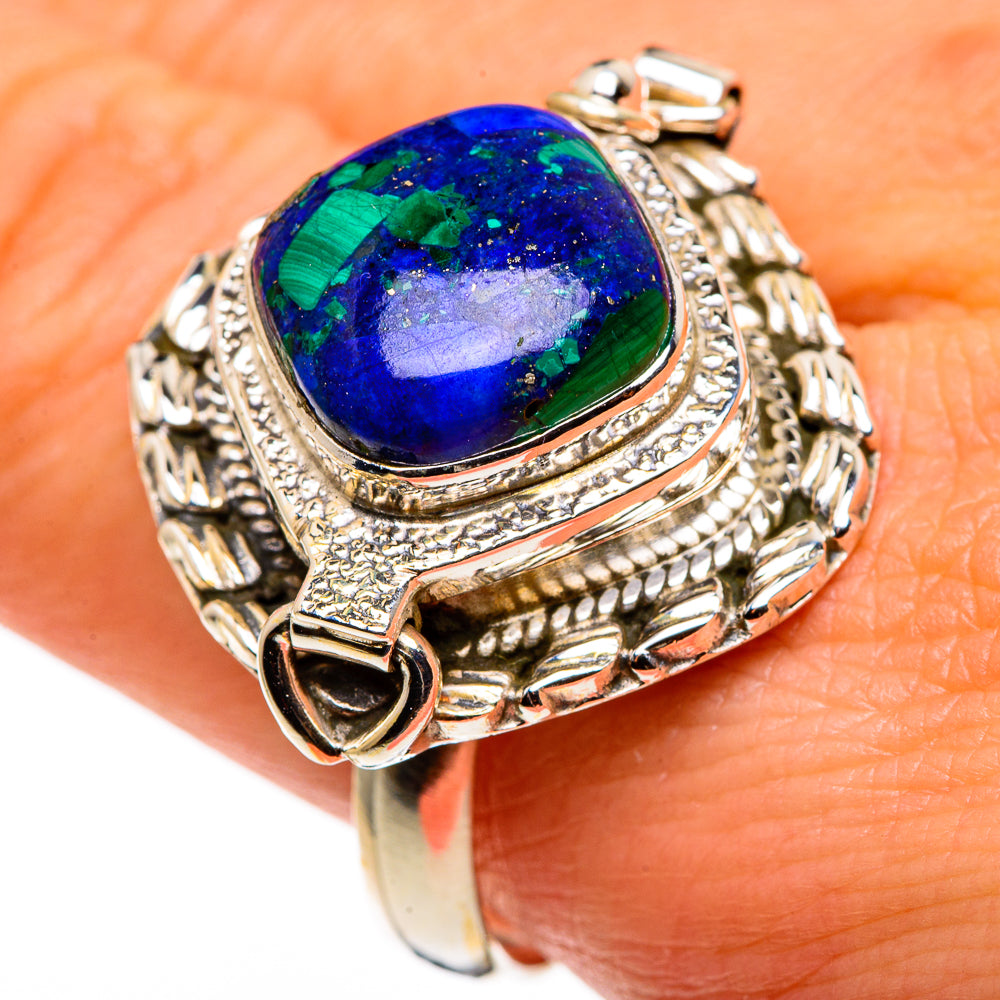Sterling silver poison ring with oval azurite gemstone, blue and green cabochon