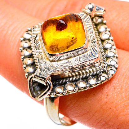 Sterling silver amber ring worn, square amber cabochon with beadwork border