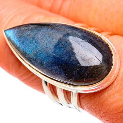 Sterling silver labradorite ring, teardrop stone with strong blue sheen on dark surface