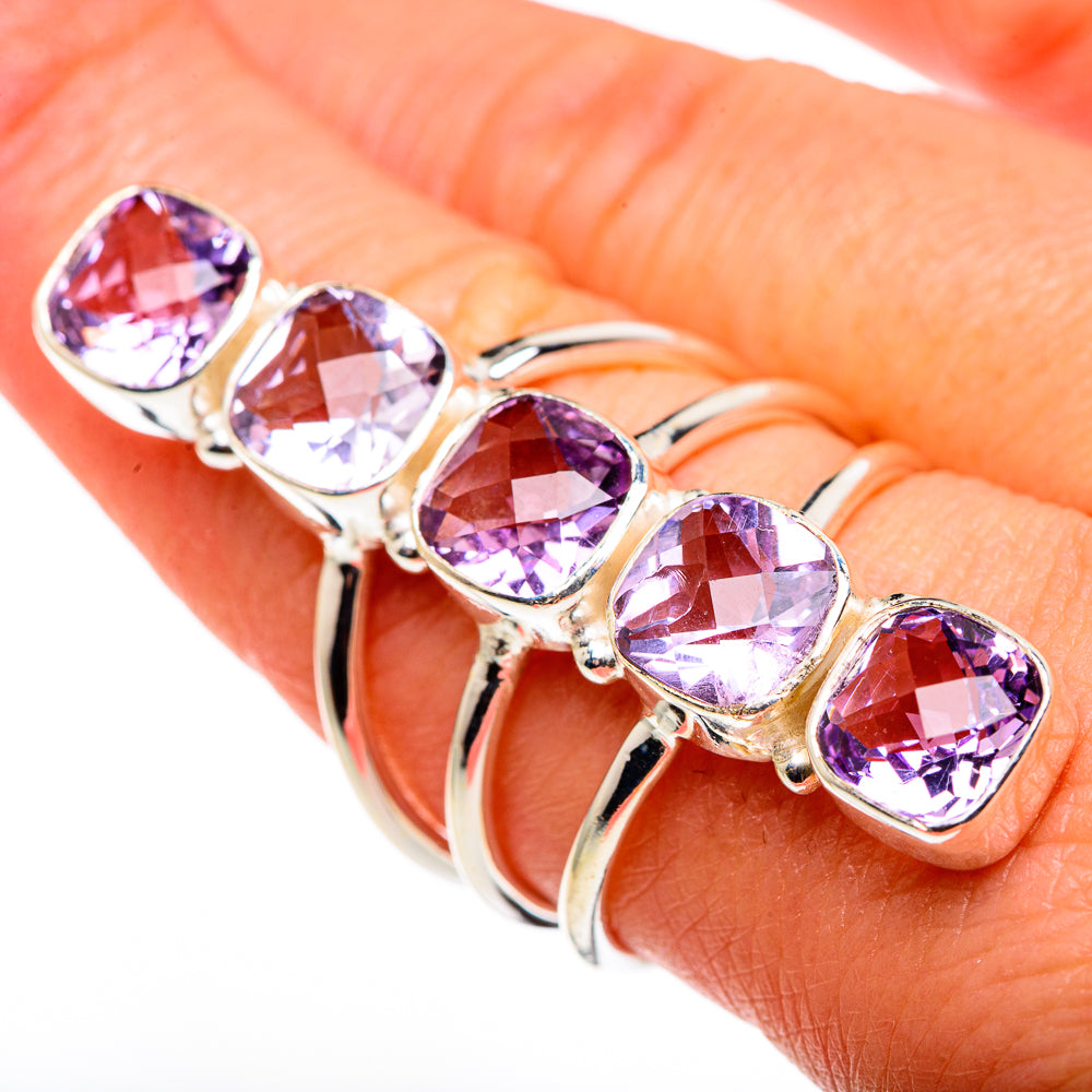 Amethyst faceted ring with five heart-shaped stones in silver-tone setting