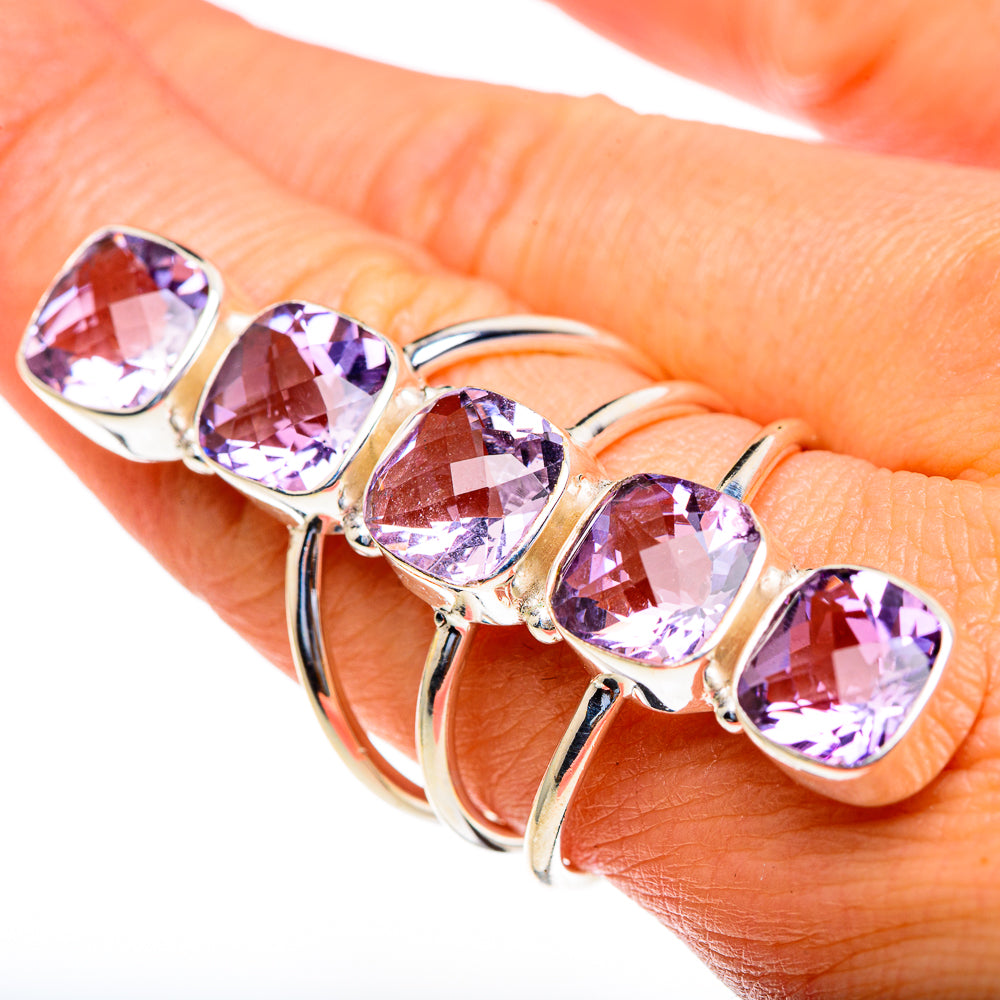 Faceted amethyst oval sterling silver ring with five stones and prong settings