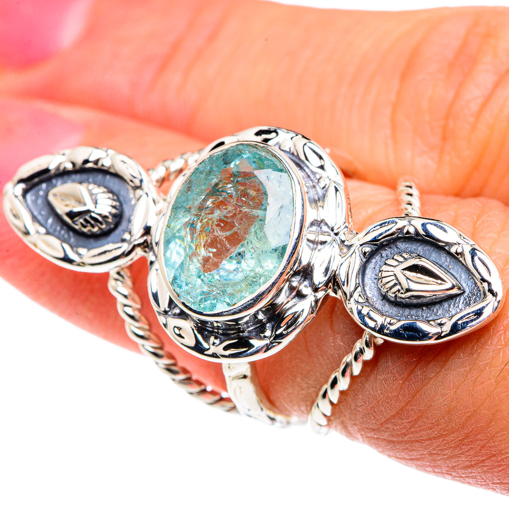 Oval aquamarine-like blue-green gemstone sterling silver ring with carved side details