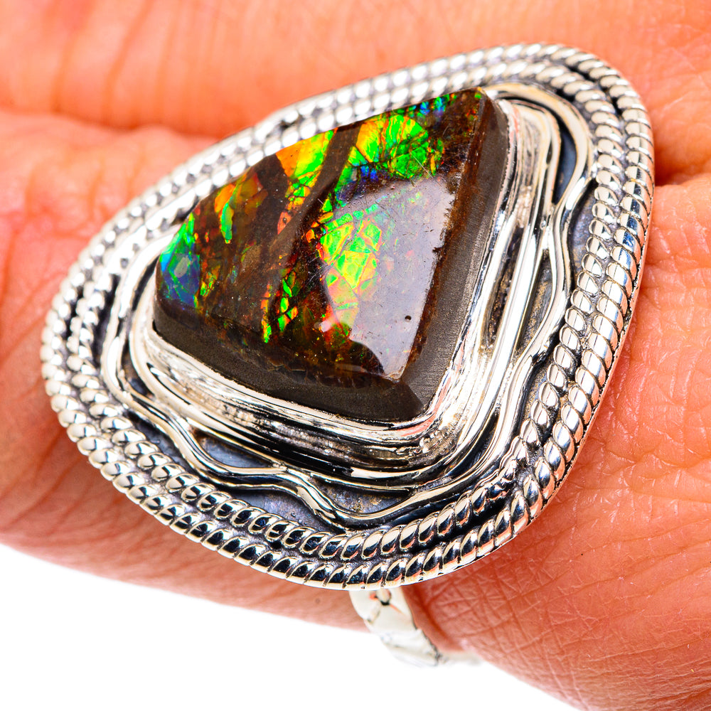 Sterling silver ring with ammolite gemstone, green/orange iridescence, ornate bezel
