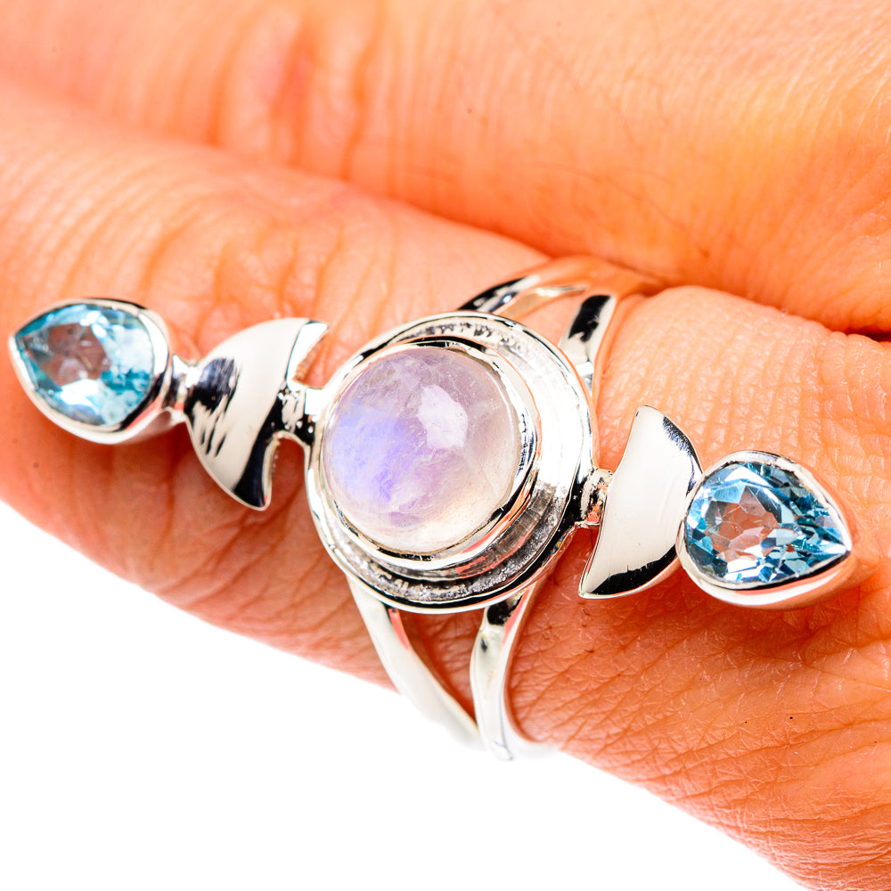 Rainbow Moonstone, Blue Topaz Rings handcrafted by Ana Silver Co - RING87418
