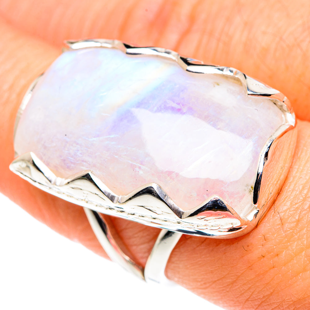 Large oval rainbow moonstone sterling silver ring, faceted opal-like center