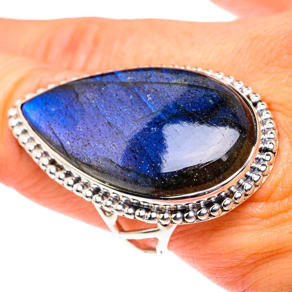 Sterling silver labradorite teardrop ring with beaded bezel, blue flash gemstone
