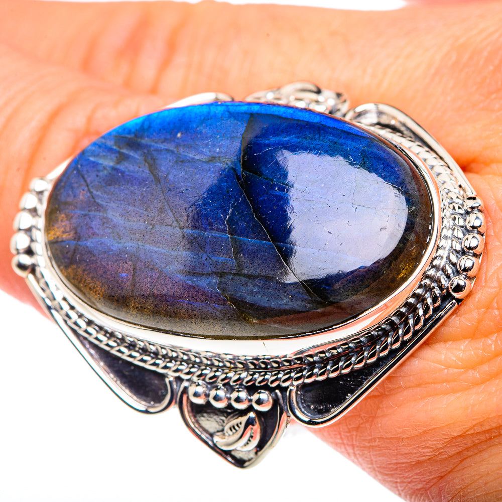 Labradorite oval sterling silver ring with blue flash, ornate bezel and side details