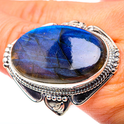 Labradorite oval sterling silver ring with blue flash, ornate bezel and side details