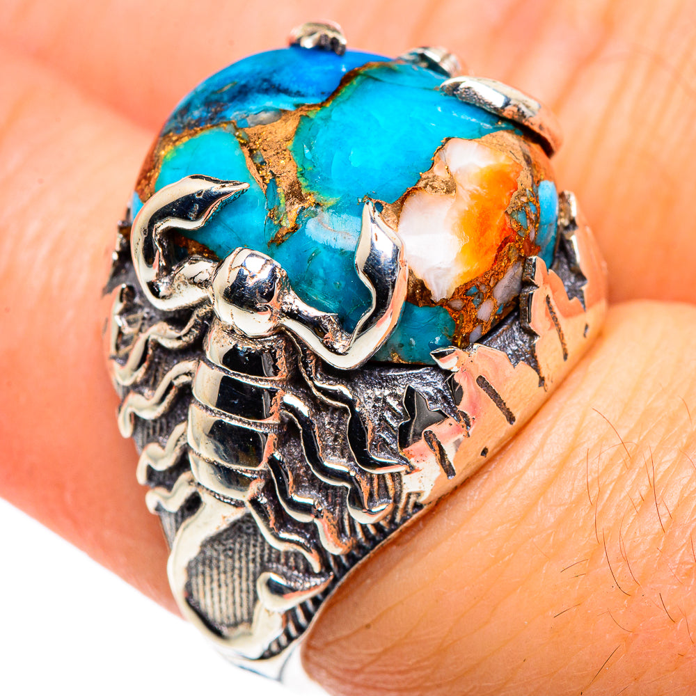 Sterling silver spiny oyster ring with turquoise oval and orange inlay, engraved detail